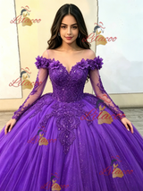 Purple Tulle Long Sleeve Appliques Quinceanera Dress