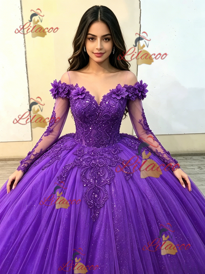 Purple Tulle Long Sleeve Appliques Quinceanera Dress