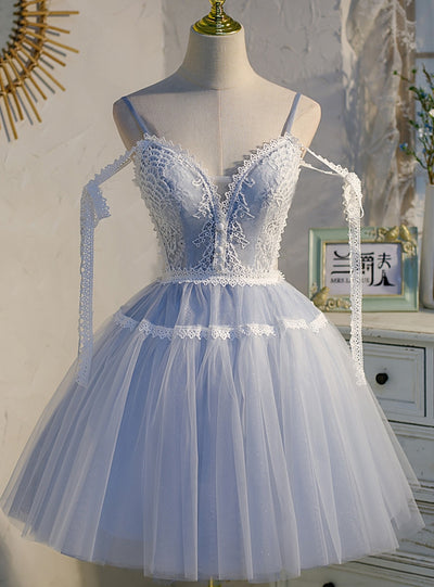 Simple Blue Tulle Lace Straps Homecoming Dress
