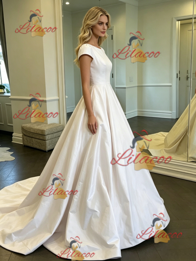 White Satin Scoop Neck Cap Sleeve Wedding Dress