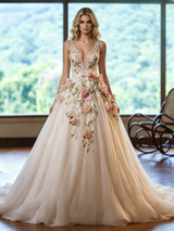 Ivory Tulle V-neck Appliques Wedding Dress