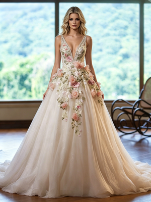 Ivory Tulle V-neck Appliques Wedding Dress