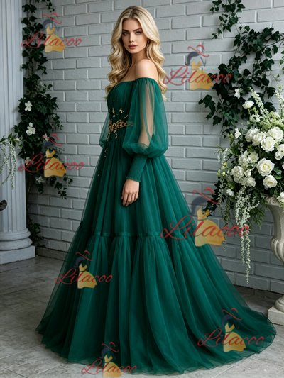 Green Tulle Long Sleeve Pleats Prom Dress