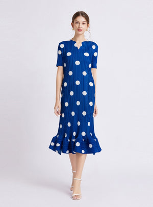 Pleated Polka-dot Ruffled Short-sleeved Dress