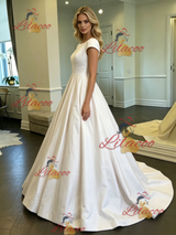White Satin Scoop Neck Cap Sleeve Wedding Dress