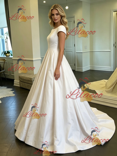 White Satin Scoop Neck Cap Sleeve Wedding Dress