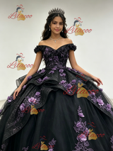 Black Tulle Sequins Off the Shoulder 3D Appliques Quinceanera Dress