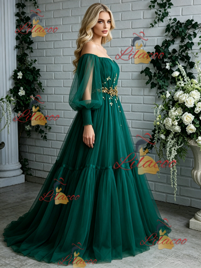 Green Tulle Long Sleeve Pleats Prom Dress