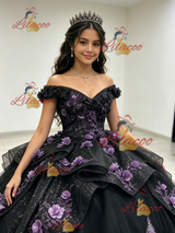 Black Tulle Sequins Off the Shoulder 3D Appliques Quinceanera Dress