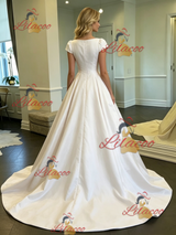 White Satin Scoop Neck Cap Sleeve Wedding Dress