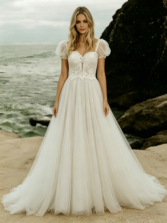 Tulle Lace Puff Sleeve Wedding Dress