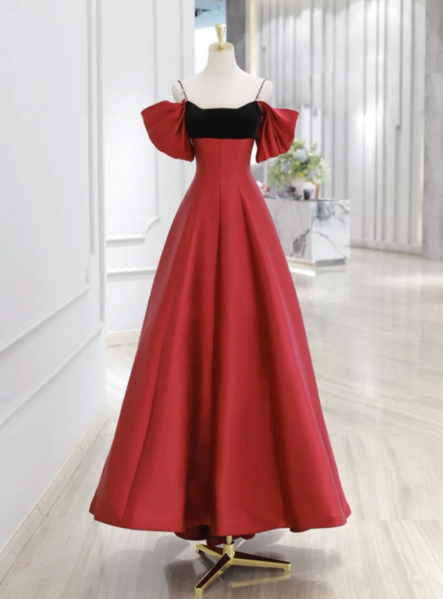 Red Satin Spaghetti Straps Prom Dress