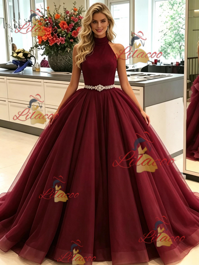 Bugundy Tuller Halter Prom Dress