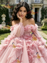Pink Tulle Long Sleeve 3D Flower Quinceanera Dress