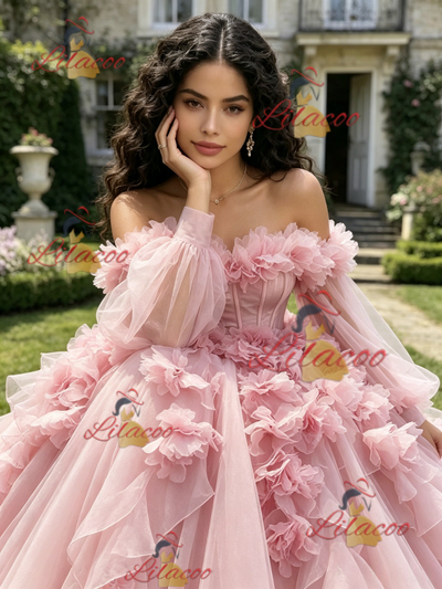 Pink Tulle Long Sleeve 3D Flower Quinceanera Dress