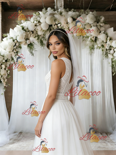 White Tulle Lace Split Wedding Dress