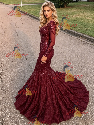 Burgundy Sequins Long Sleeve Prom Dress