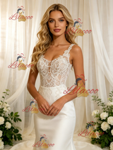White Satin Lace Straps Wedding Dress