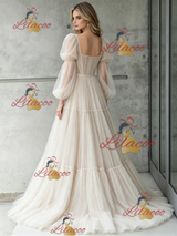 Ivory Tulle Long Sleeve Pleats Wedding Dress