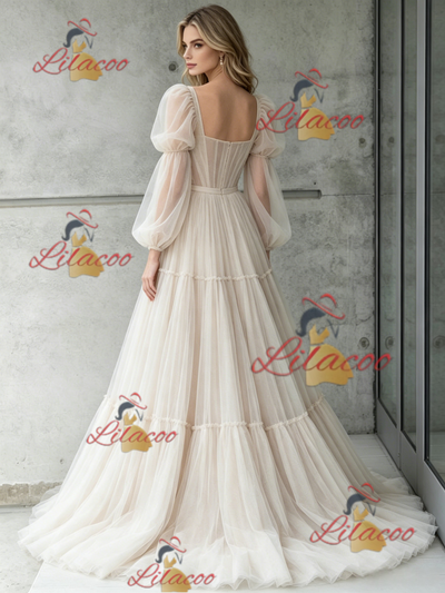 Ivory Tulle Long Sleeve Pleats Wedding Dress