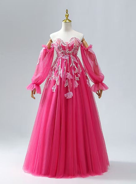 Fuchsia Long Sleeve Sequins Appliques Prom Dress