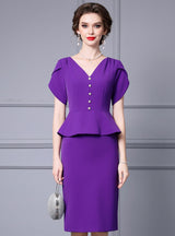Purple V-neck Short Sleeve Mother Of The Bride Dress