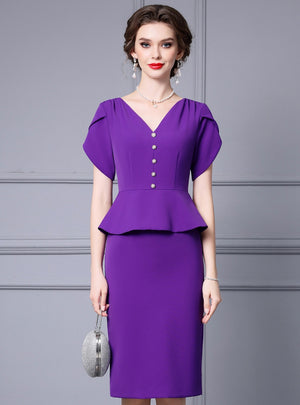 Purple V-neck Short Sleeve Mother Of The Bride Dress