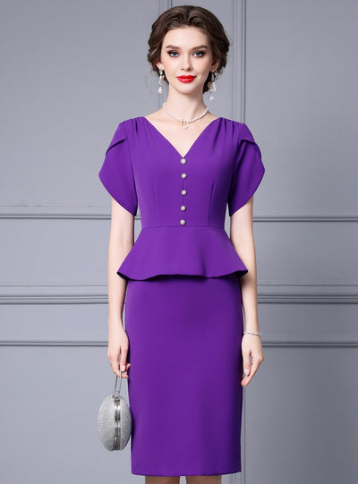 Purple V-neck Short Sleeve Mother Of The Bride Dress