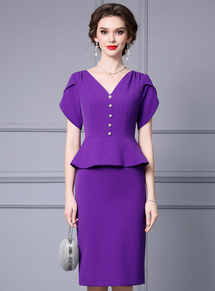 Purple V-neck Short Sleeve Mother Of The Bride Dress