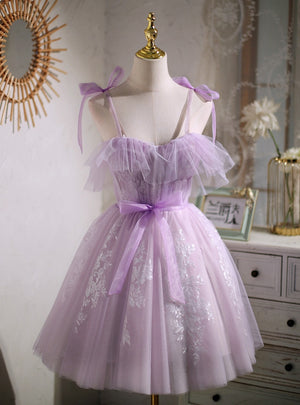 Purple Tulle Lace Straps Pleats Homecoming Dress