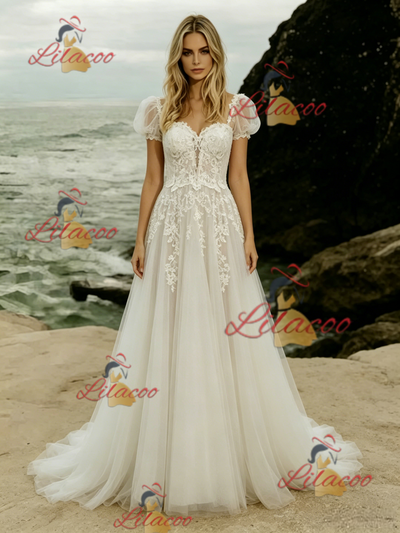 Tulle Lace Puff Sleeve Wedding Dress