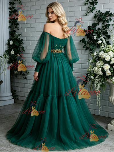 Green Tulle Long Sleeve Pleats Prom Dress