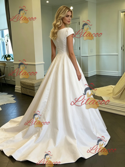 White Satin Scoop Neck Cap Sleeve Wedding Dress
