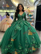 Green Tulle V-neck Long Sleeve Quinceanera Dress