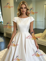 White Satin Scoop Neck Cap Sleeve Wedding Dress