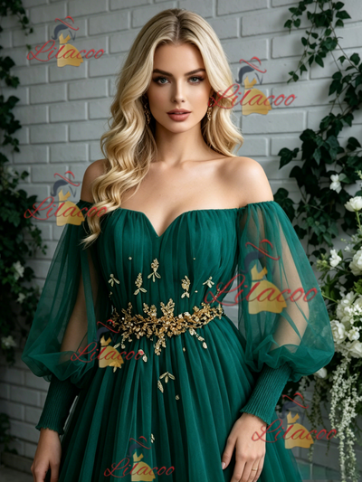 Green Tulle Long Sleeve Pleats Prom Dress