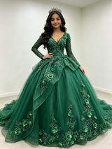 Green Tulle V-neck Long Sleeve Quinceanera Dress