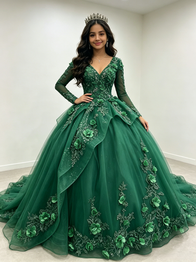 Green Tulle V-neck Long Sleeve Quinceanera Dress