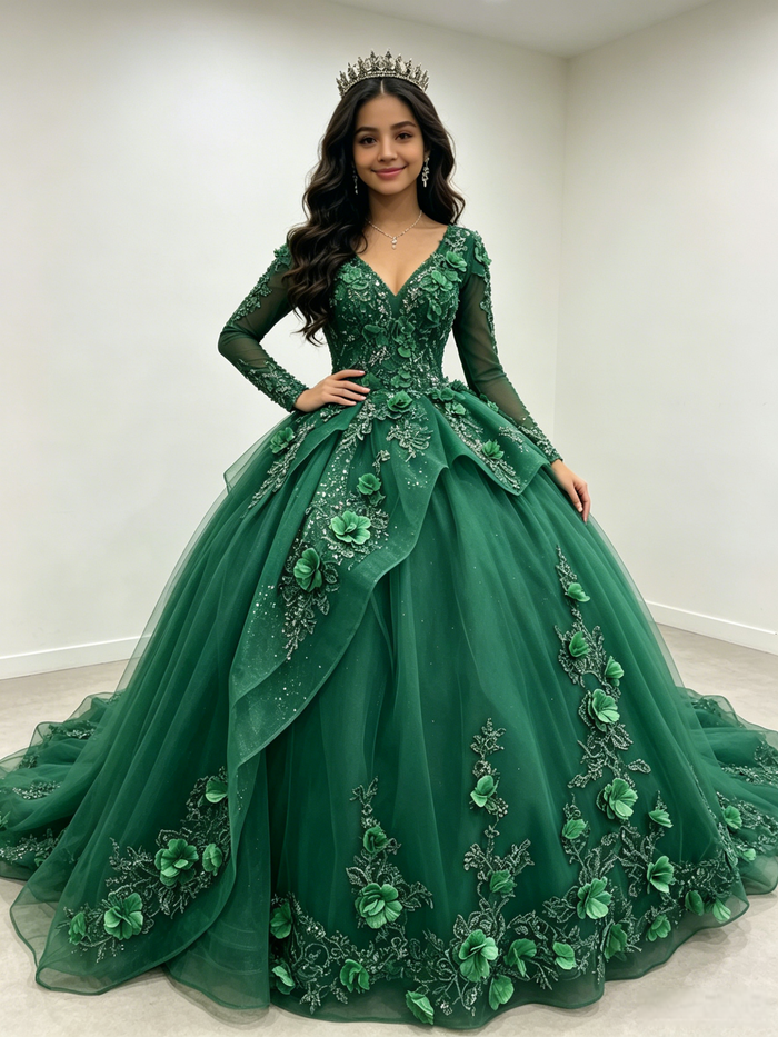 Green Tulle V-neck Long Sleeve Quinceanera Dress