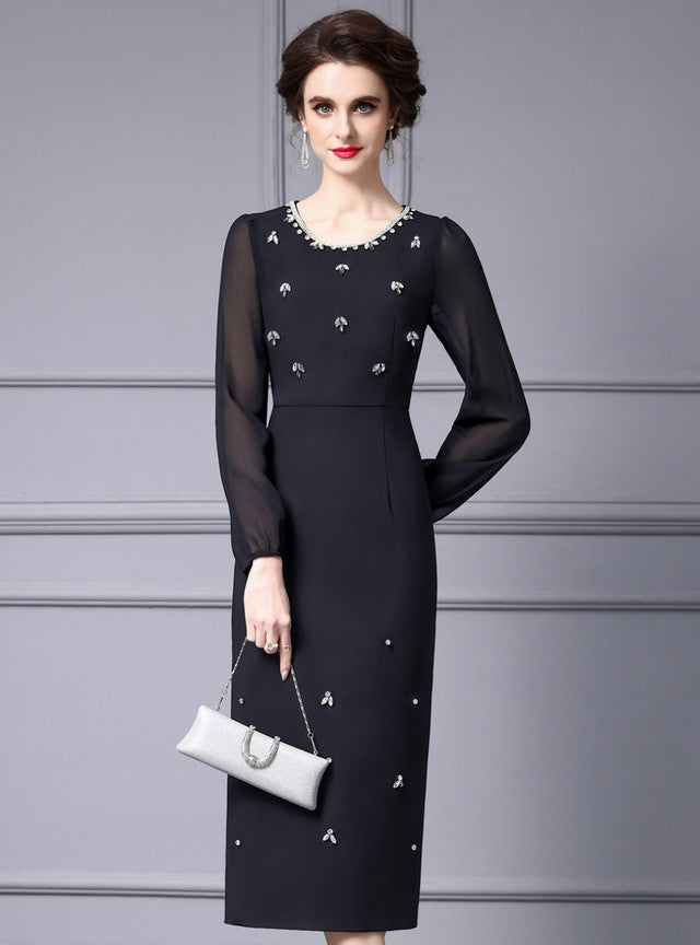 Black Long Sleeve Crystal Mother Of The Bride Dress