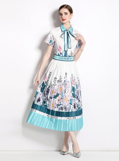 Printed Lapel Shirt+Pleated Skirt Two Piece Suit