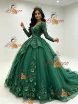 Green Tulle V-neck Long Sleeve Quinceanera Dress