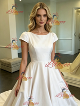 White Satin Scoop Neck Cap Sleeve Wedding Dress