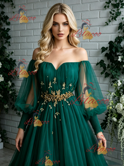 Green Tulle Long Sleeve Pleats Prom Dress