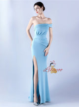 One Shoulder Pleats Split Prom Dress