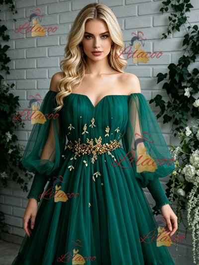 Green Tulle Long Sleeve Pleats Prom Dress