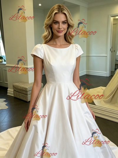 White Satin Scoop Neck Cap Sleeve Wedding Dress