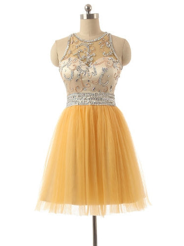 Yellow Tulle Beading Crystal Homecoming Dress
