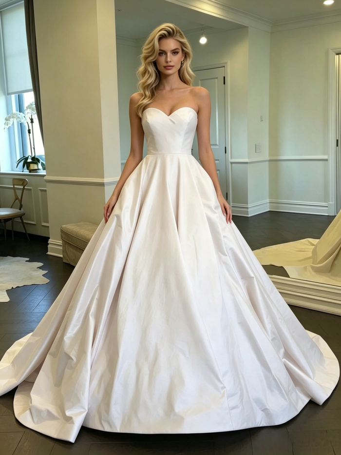 White Satin Strapless Wedding Dress