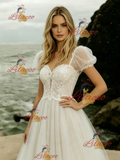 Tulle Lace Puff Sleeve Wedding Dress